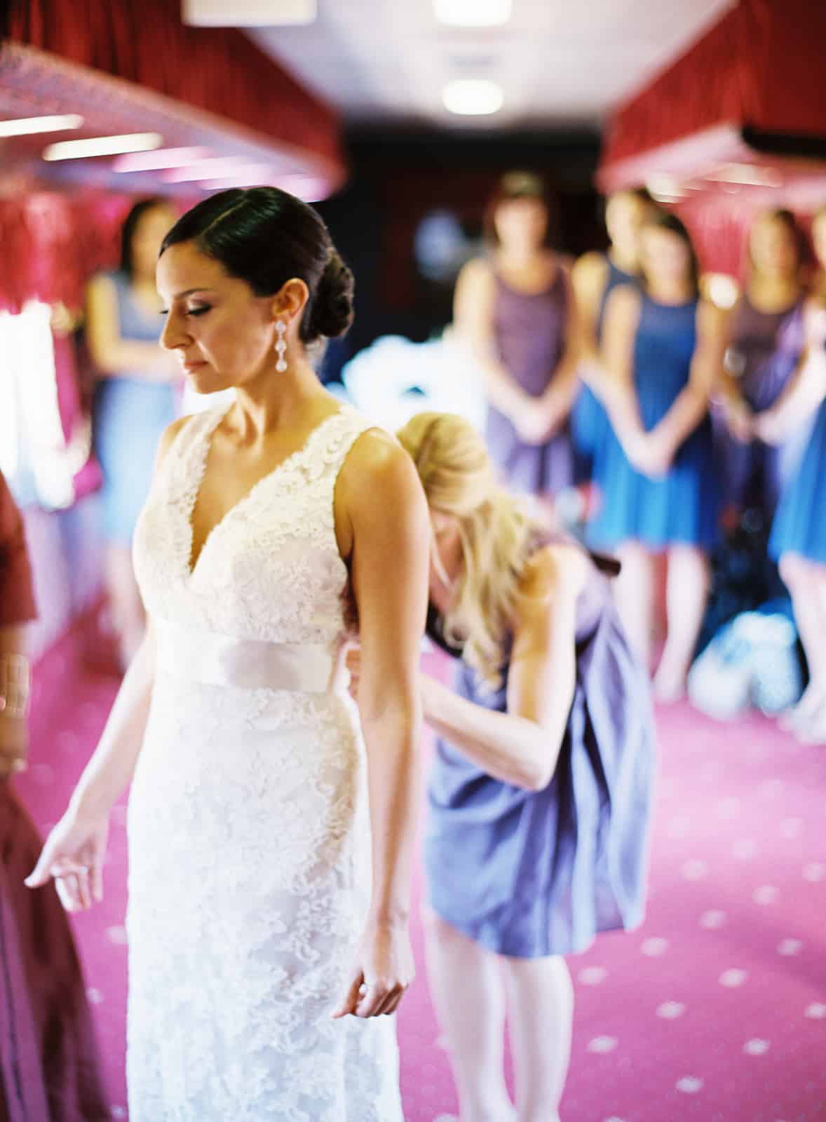 Bride and bridesmaids getting ready inside a train