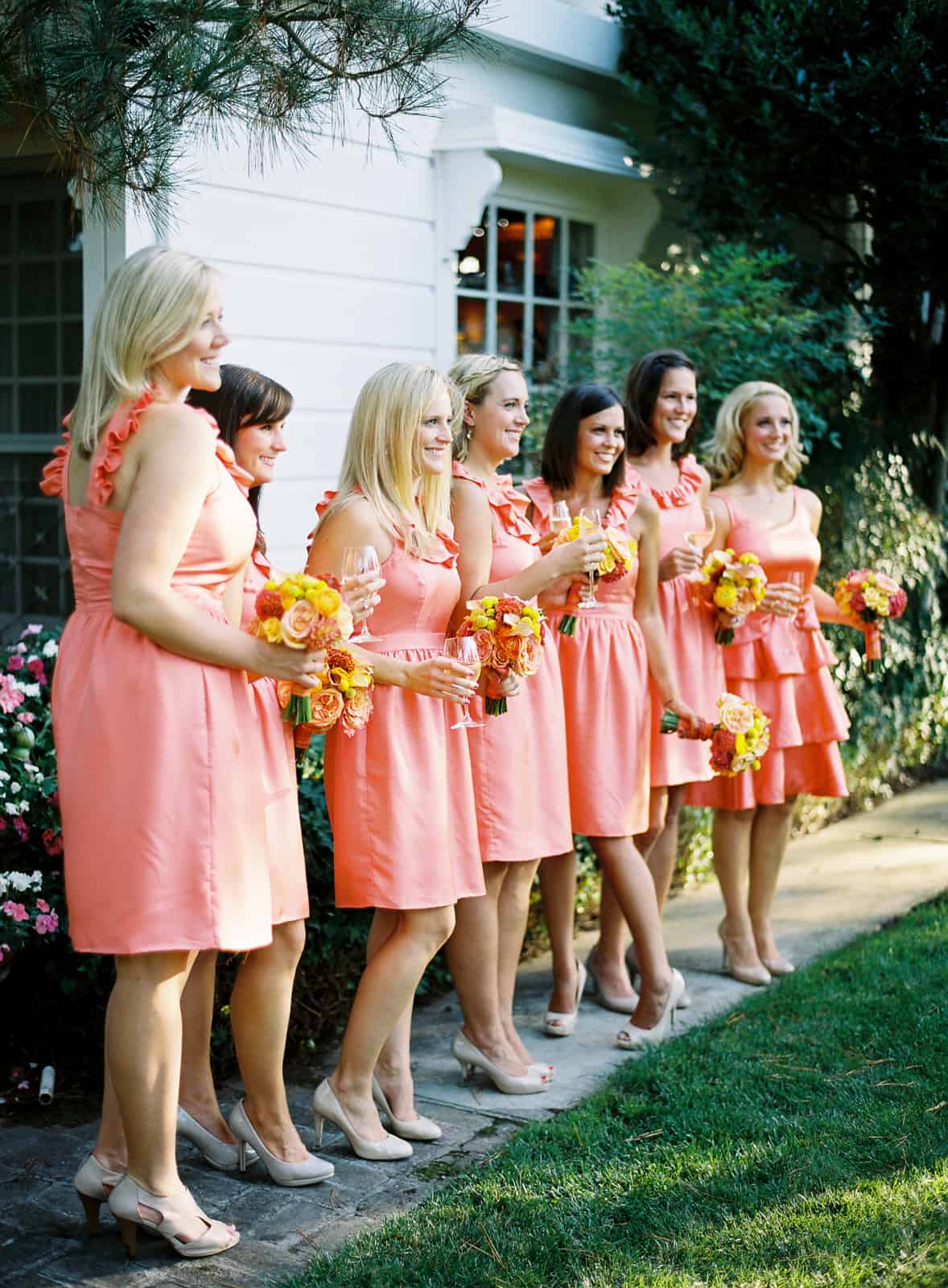 Bridesmaids in peach dresses