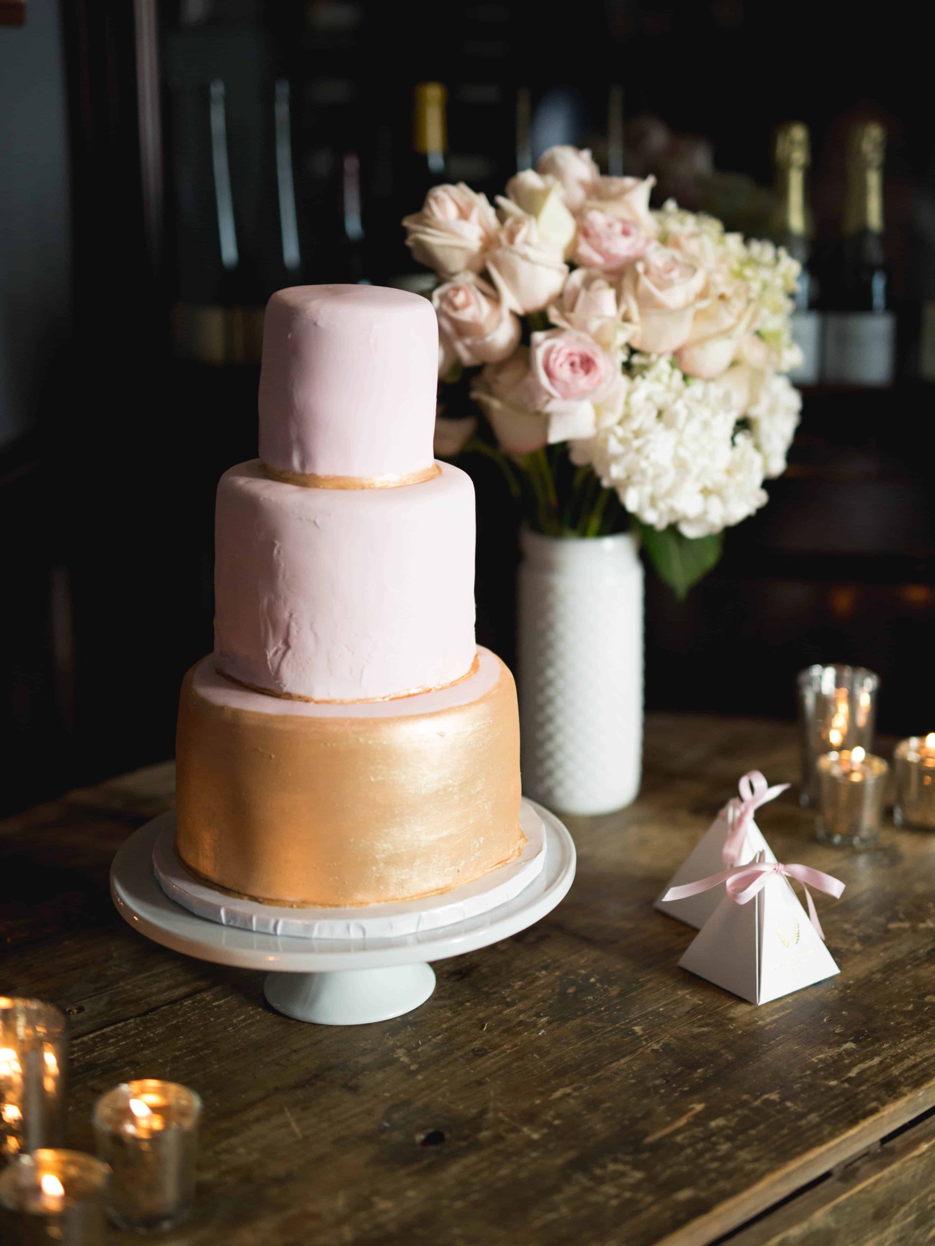 pink and gold three tier cake