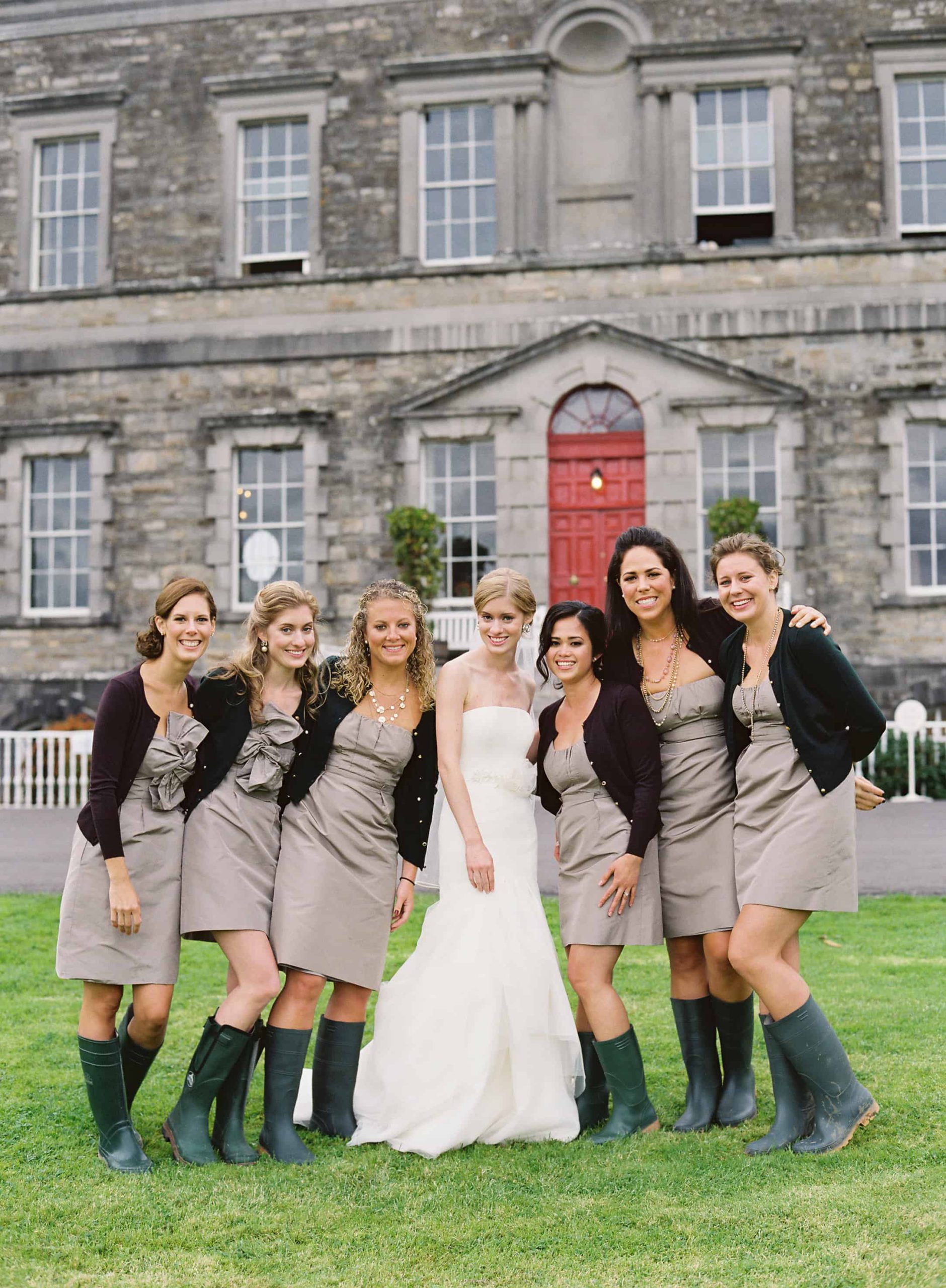 Bride with ridesmaids in wellies