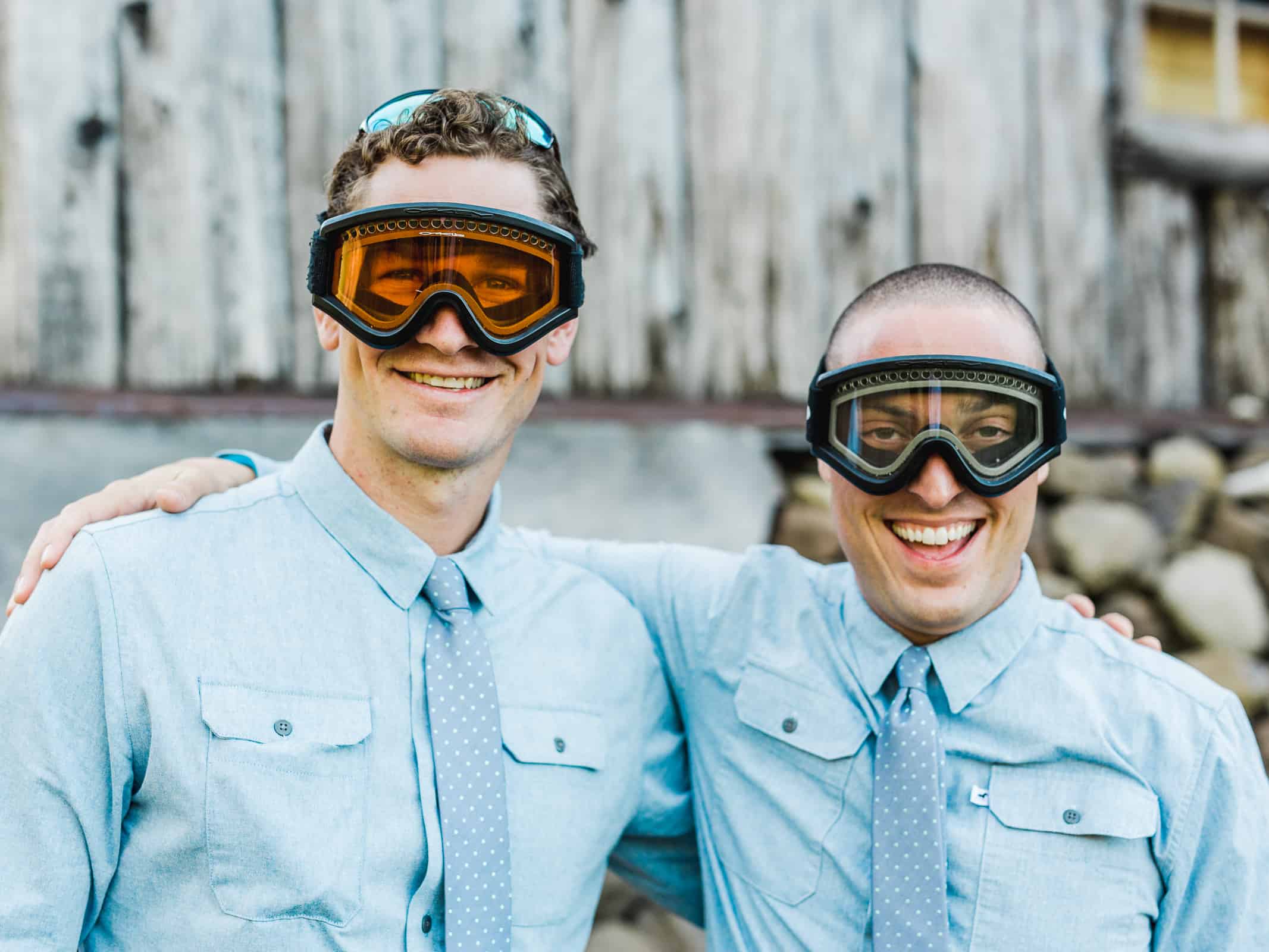 groomsmen wearing ski goggles