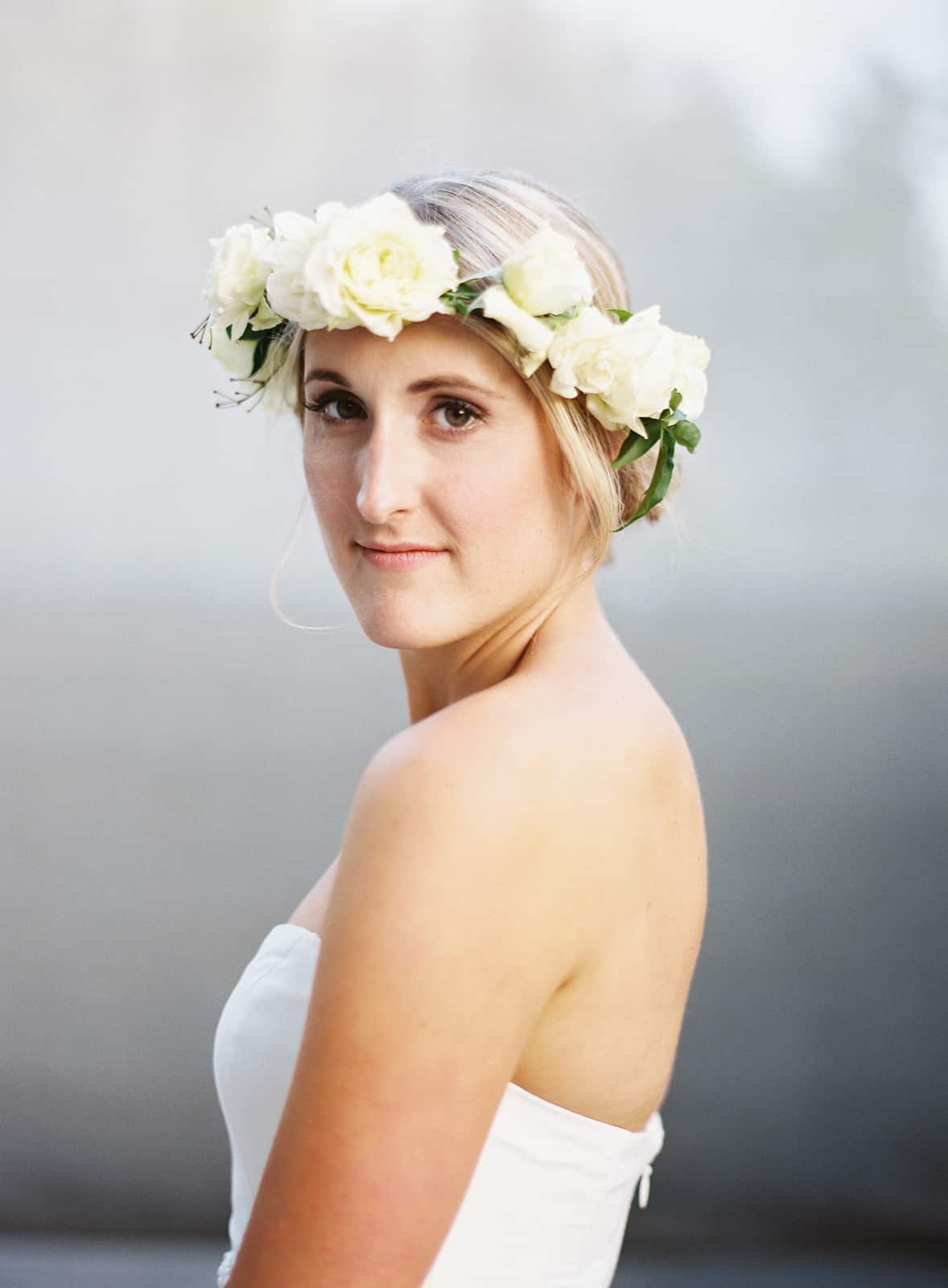 bride portrait close up flower crown