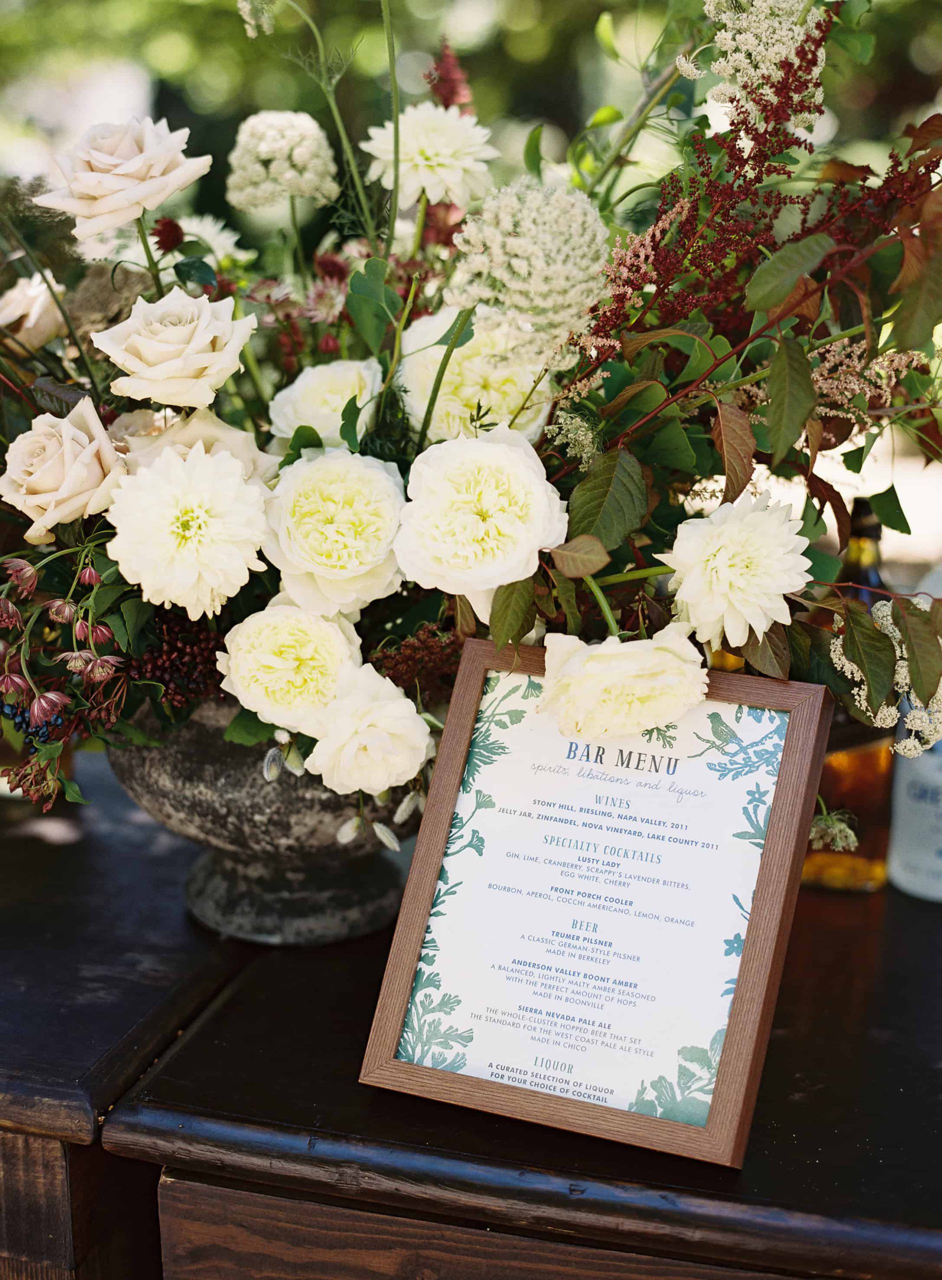 bar menu and floral arrangement