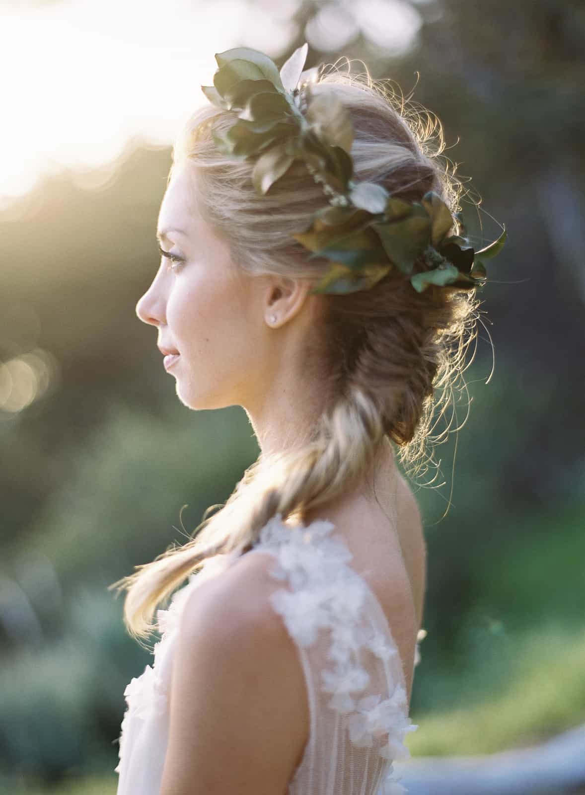 bride with green wreath crown