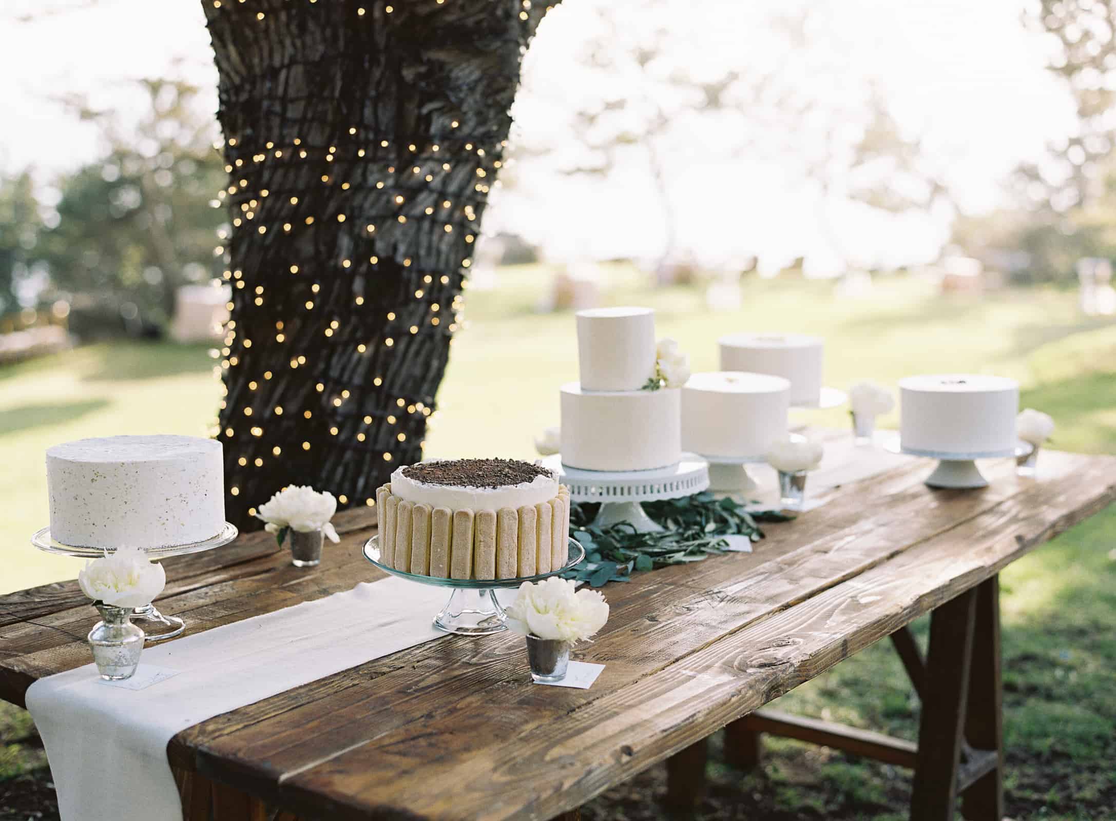 rustic table with assorted white cakes