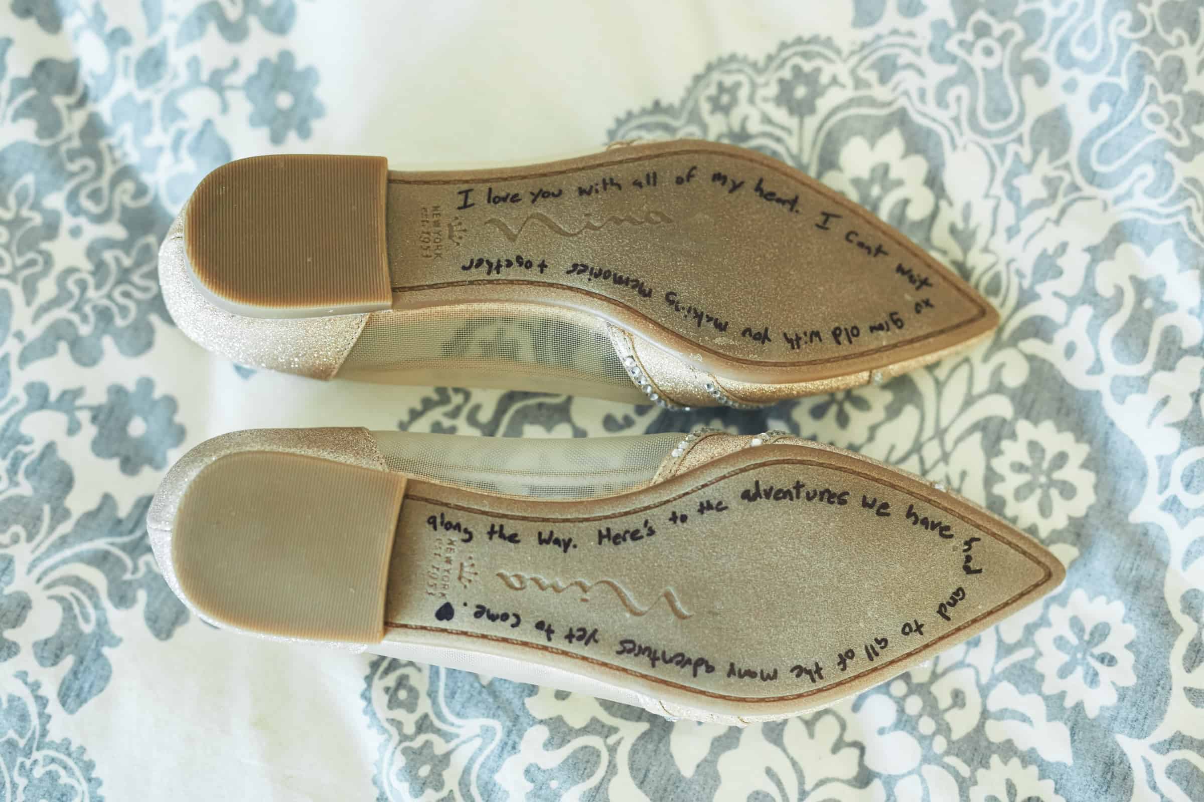 Bride's shoes with note on the bottom