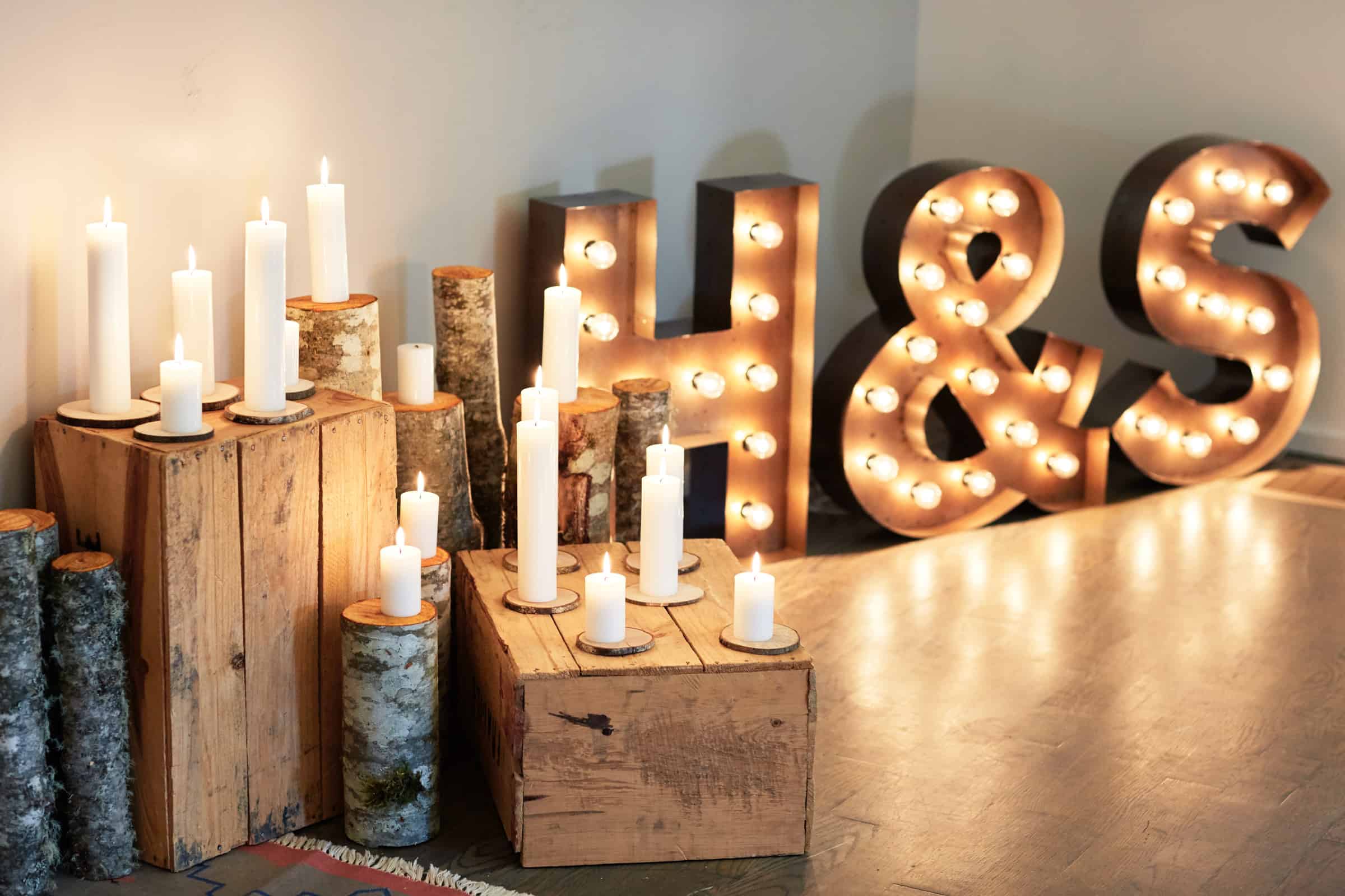 candles and vintage metal letters