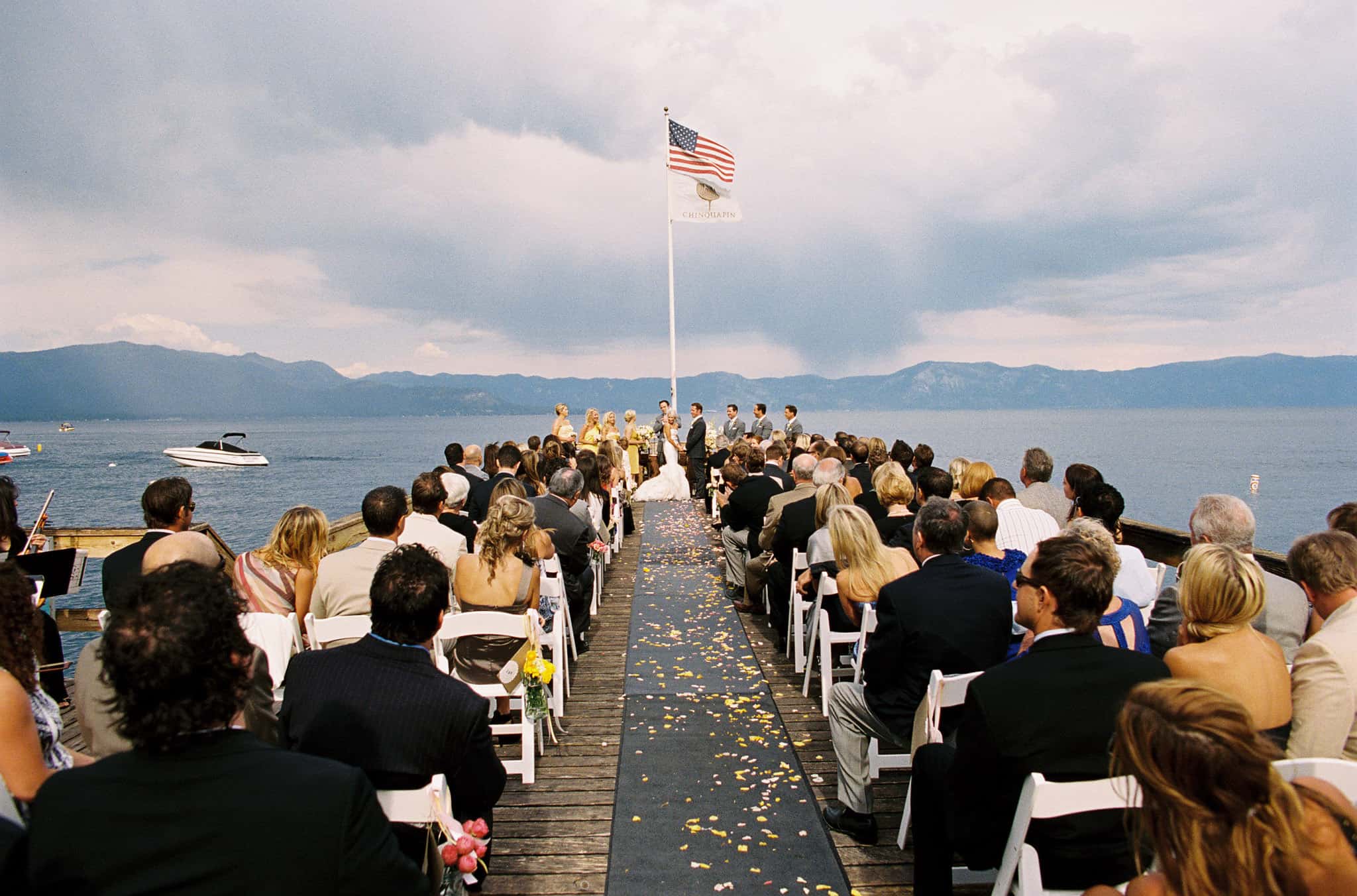 wedding ceremony on a dock at lake tahoe