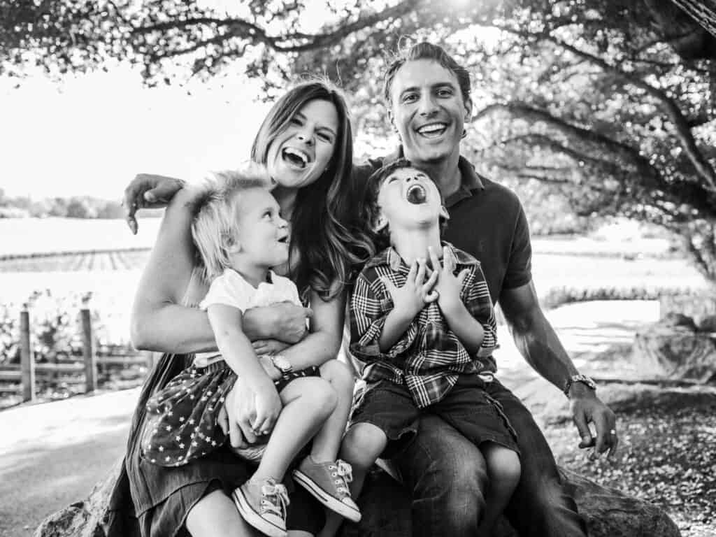 black and white family photo in napa